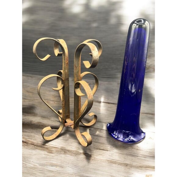 Vintage Cobalt Blue Ruffle Glass Bud Vase in Metal Scroll Stand 9" - Picture 4 of 7